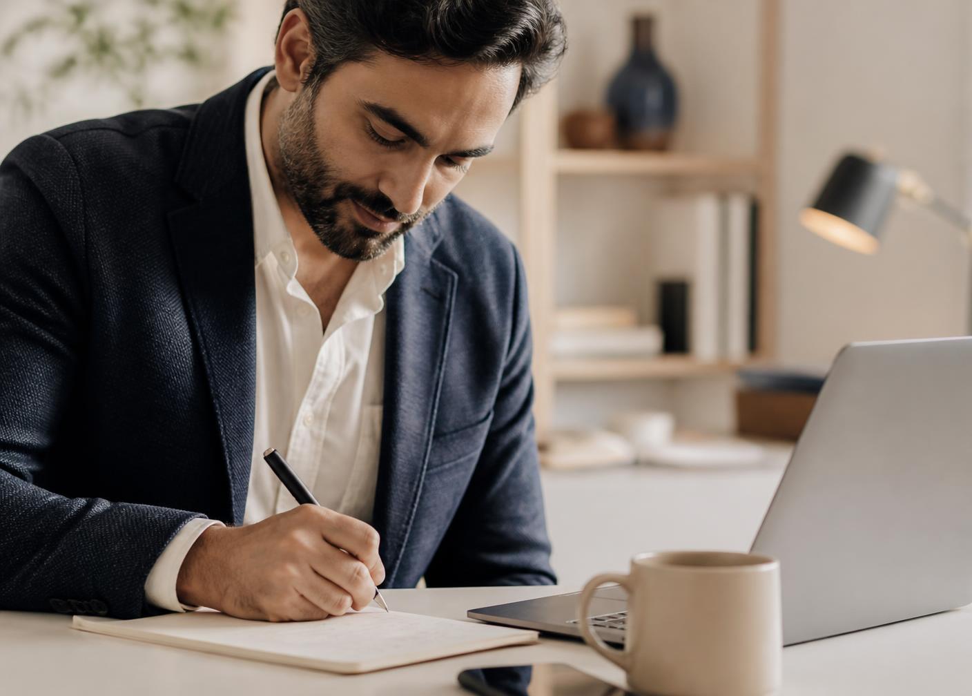 A consultant writing notes by hand at a bright desk beside a laptop
