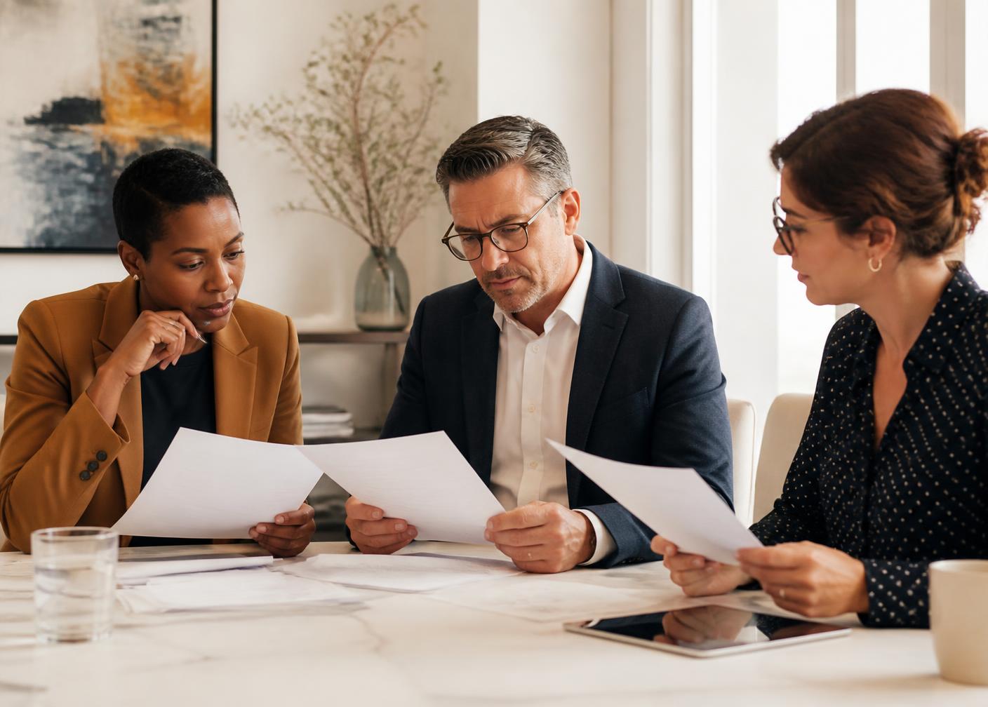 A hiring team reviewing candidate shortlists together in a bright meeting room